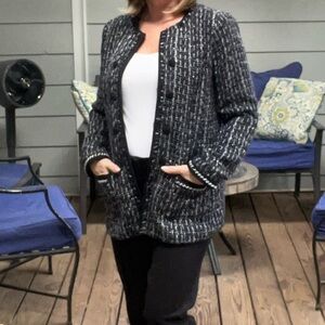 WHBM Womens Medium Black Classic Navy Pearl Tweed Topper Jacket
